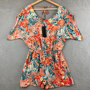 NWT BCBG MAXAZRIA Women´s Flutter Sleeve Woven Romper Multi-Tropicalia, Size S